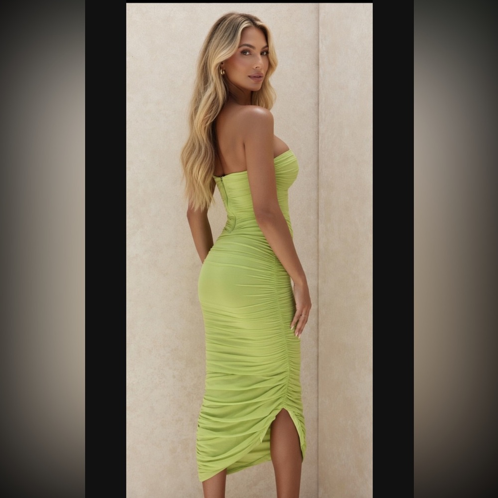 House of CB Lime Green Strapless Ruched Midi Dress - Picture 4 of 7